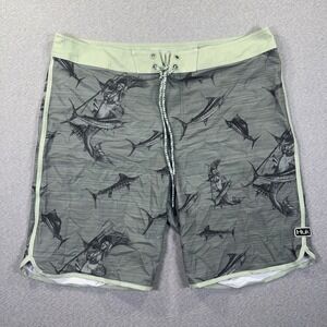 Huk Performance Fishing Board Shorts Mens 36 Sage Green Marlin Mermaid KC Scott